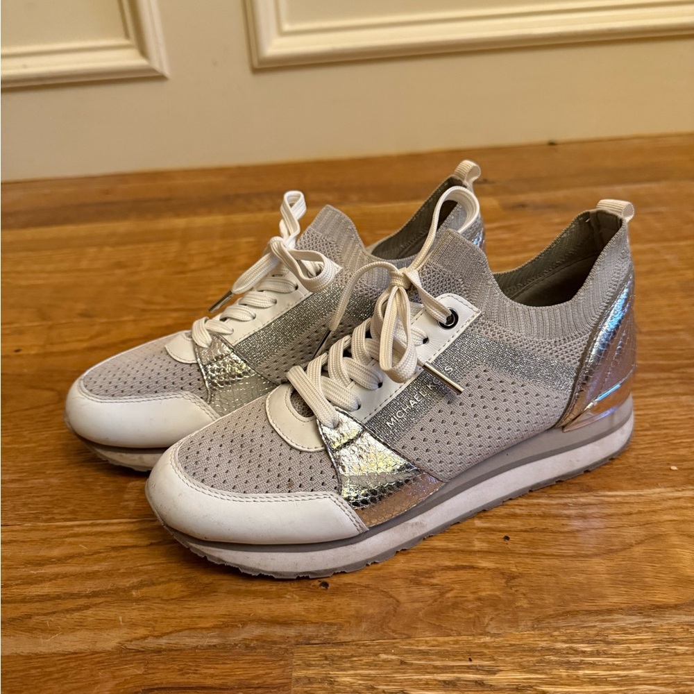 Michael Kors Silver Metallic and White Knit Sneakers